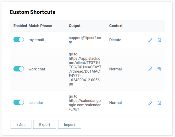Interface for managing custom shortcuts screenshot