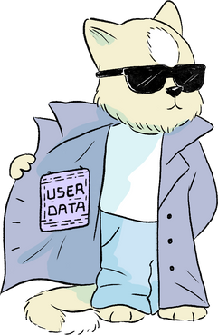 cat with sunglasses on a sketchy streetcorner opening a cloak that says "user data" inside