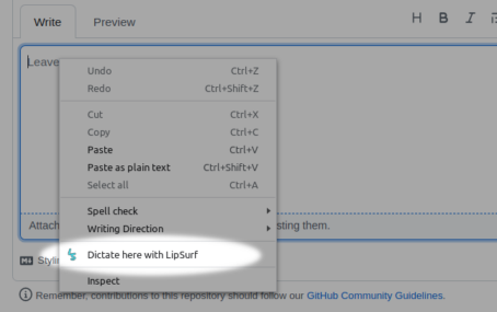 New "Dictate here with LipSurf" menu option when right-clicking editable text fields
